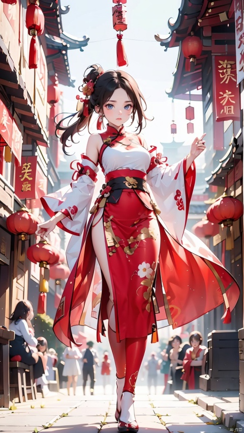 1girl,Chinese New Year,Welcoming Spring Girl,Spring welcome clothing,Hanfu,Chinese knot,Red Theme,White top,Big long legs,Red skirt,The huge mecha building behind it,full body,front,Animal mechs crossing over their feet,Tassel earrings,Looking up,Red leggings,ancient Chinese architecture,Red Lantern,Zhang Deng Jie Cai,Full of joy and joy,Spring Festival couplets,Ancient Chinese script,Brown eyes,Clothing printing, Bride in wedding attire,Red wedding dress