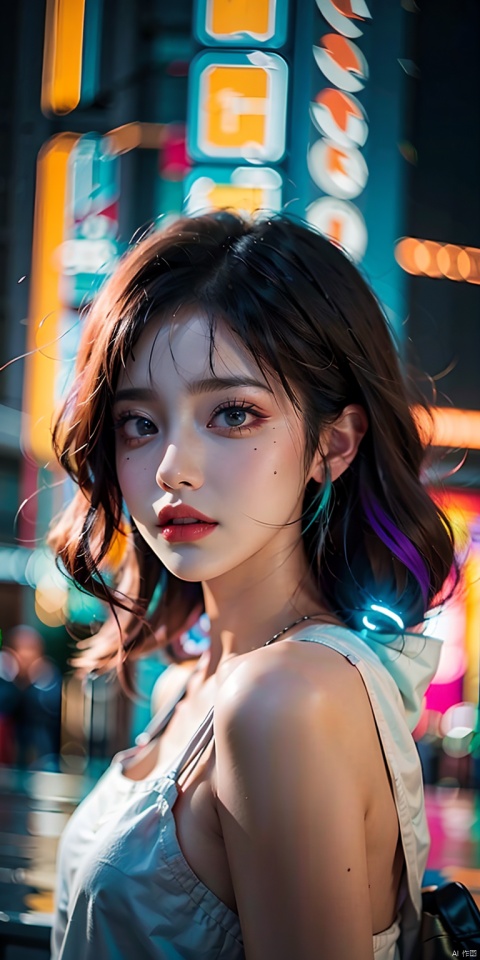 (best quality:1.3),(masterpiece:1.2),16k,Neon light background,Cyberpunk background,Cyberpunk,The lighting effect reflected by neon lights on the character's body,Neon lighting effect,1girl,bokeh,depth of field,hood,lens flare,lips,lipstick,long hair,makeup,mole,multicolored hair,nose,open mouth,realistic,solo,teeth