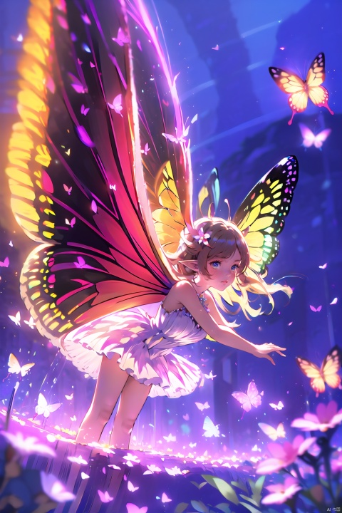  1girl,Butterflies on the Head, antennae, blue butterfly, blue wings, blurry, blurry background, brown hair, butterfly, butterfly hair ornament, butterfly on hand, butterfly wings, cleavage, fairy, fairy wings, flower, flying, glowing butterfly, glowing wings, green wings, hair ornament, ice wings, insect wings, lips, long hair, medium breasts, motion blur, multicolored wings, nature, pink wings, pointy ears, purple wings, solo, transparent wings, white butterfly, white wings, wings, yellow butterfly, yellow wings,Dawn Elf,dawn,glow,Glowing wings,Dress,Multiple butterflies,Glowing Butterfly,Super large wings, pink fantasy, mLD, guidao