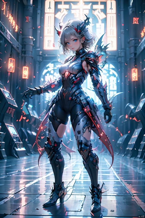  Zerg Mech (Queen),Armor,full body,Mechanical arthropods,Sharp armor,glove,Red and black armor,Sharp horns on the head,Sharp limb structures throughout the body,indoor,The metal barb structure on the shoulder armor,Micro lateral body,Complex armor,Calf mecha,Thigh mechanical,Mechanical boots,standing,ground,Gray hair, 1girl