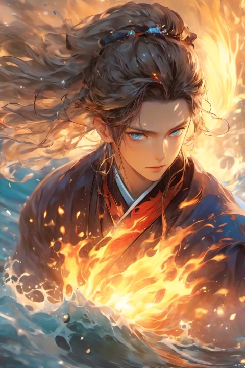 1 boy, upper body, dynamic pose, hanbok, blue eyes, burning hair, shut up, evening, fire, fire, floating hair, liquid, flowing water, water magic, liquid fire, long hair, looking at the audience, ocean, partially submerged, ripples, solo, water, droplets, waves, moisture