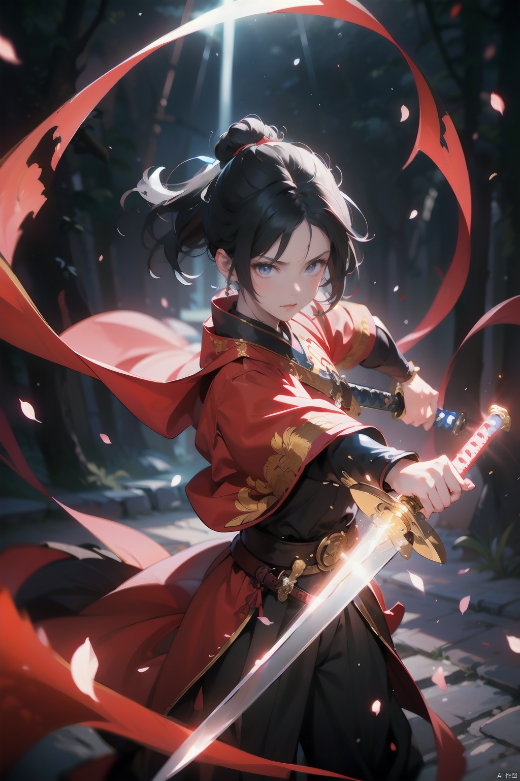  1girl,black hair,energy sword,glint,glowing sword,Unsheathed sword,solo,red Hanfu,Grasp the hilt with your hand,Brave and spirited,sword-dance,holding sword,looking at viewer,petals,solo,standing, 1boy, glow