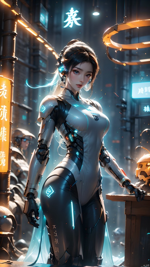  1girl,Dynamic pose,mechs,Mecha girl,White mech,Solo,Mechanical limb,droid,the detail,super detailing,(Huge robotic arm),（Huge mechanical fuselage）,（Huge mechanical legs）,super mecha,Long legs,Earphone,(shelmet),Glowing,inside in room,Masterpiece, Best quality,Joel Brier, Cinematic lighting, Professional lighting, solofocus,Sharp focus, cinematic shadow, robot, glow, Wen Dao Sheng Zun,Multi energy text,Energy pairing,Glowing Text,Transparent text,The Energy Behind Chinese Characters ,glow,Hazy light,Floodlight,Light effects,Optical particle,Luminous,High brightness contrast,1boy