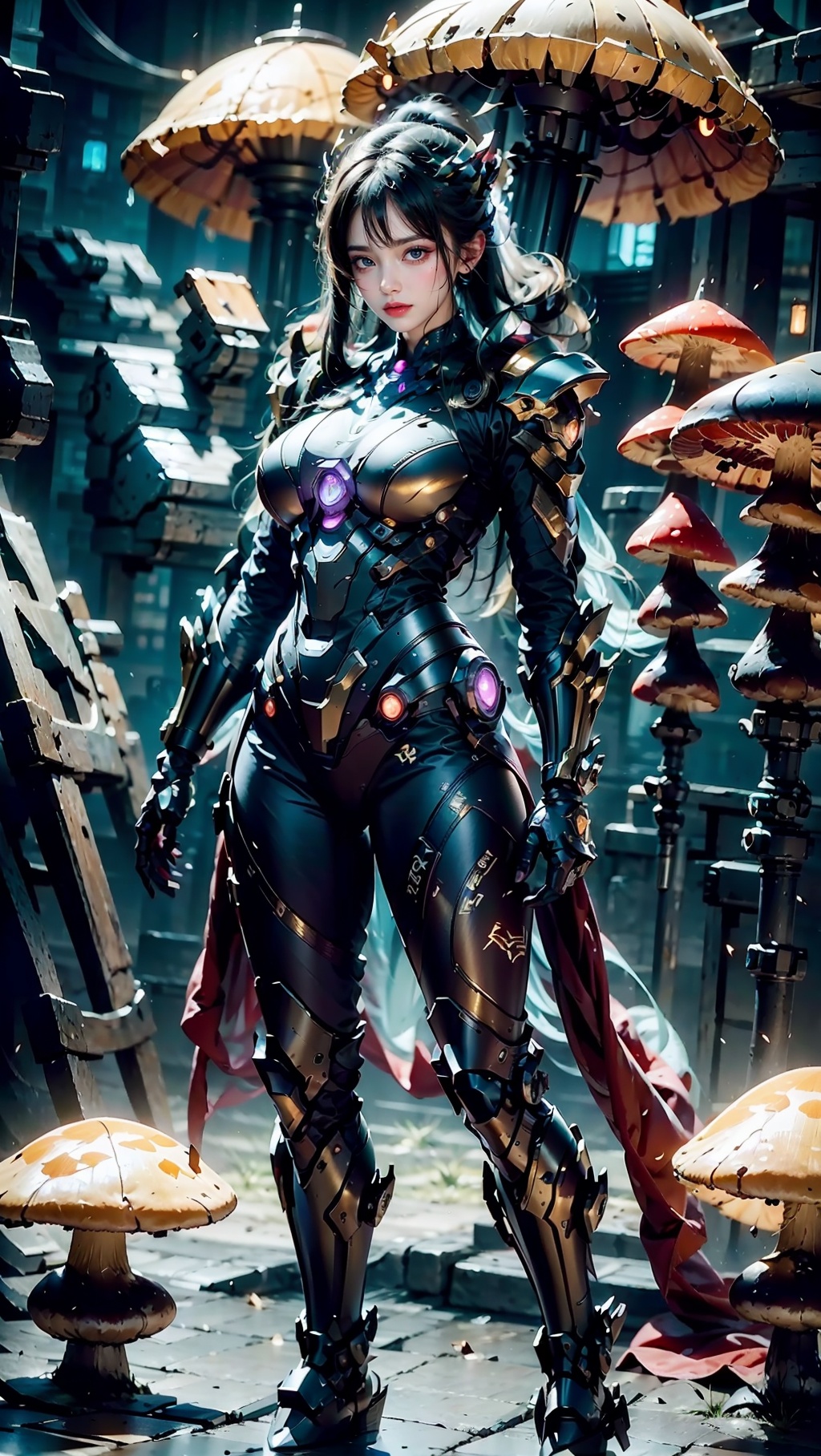 Zerg mecha (Queen), Mushroom Forest, mecha, armor, full body, mechanical arthropods, sharp armor, mushroom forest background, glowing mushrooms, shining mushrooms, multi mushrooms, gloves, complex armor, mecha, mechanical boots, standing, black long hair, sharp fingers, terrifying hand weapons, abnormal hands, mechanical spider legs behind, single ponytail, semi exposed thighs, ground, outdoor, blurry background, The purple glowing spot at the knee, 1girl, glow, cyberhanfu, mech