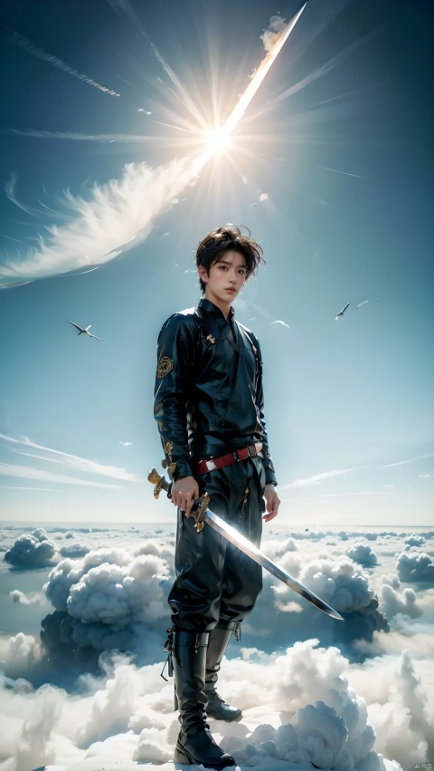 1boy, flying in the clouds, a lot of clouds, a lot of smoke, dynamic posture, holding a sword, wind, walking in the clouds, now on the clouds, fisheye lens, overlooking, medium-term perspective, whole body, a lot of clouds at the feet, best quality, masterpiece, 8k, details.
