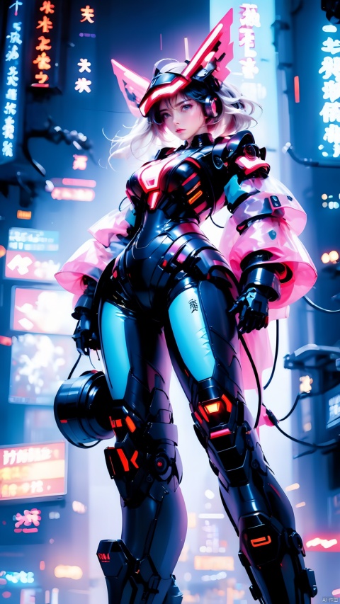 The TVGirl,mecha technology suit,standing,big chest,37-point lens,weird style,cyberpunk style, 