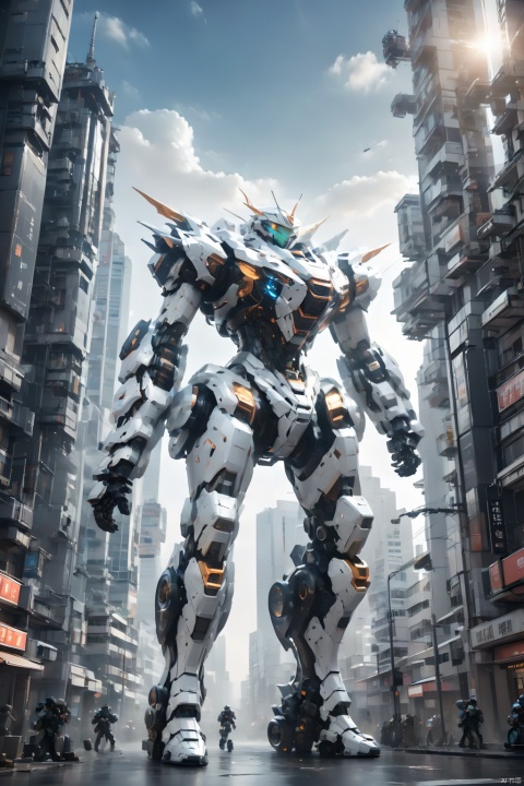  (masterpiece, best quality:1.2),Giant mecha,Vital Suits ,car,city,cityscape,Super complex mechanical structure,full body,Looking up,Complex mecha structure,Luminous mecha,White and black mecha,mecha,multiple boys,realistic,robot,science fiction,skyscraper,street,variable fighter, 1girl