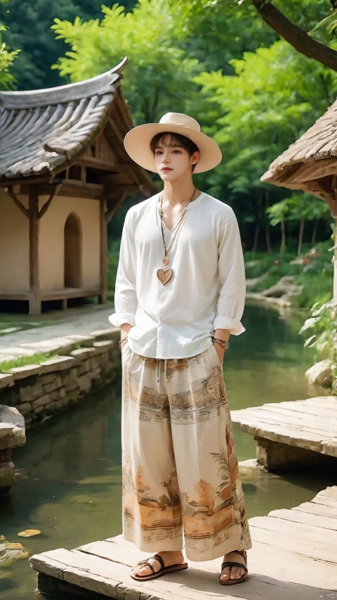 1boy, loose printed pants, flowing shirt, sandals, big brimmed hat, ring, long necklace, woven handbag, guitar, folk music, garden, love for nature, all food store, Renaissance architecture, creek, calligraphy exhibition