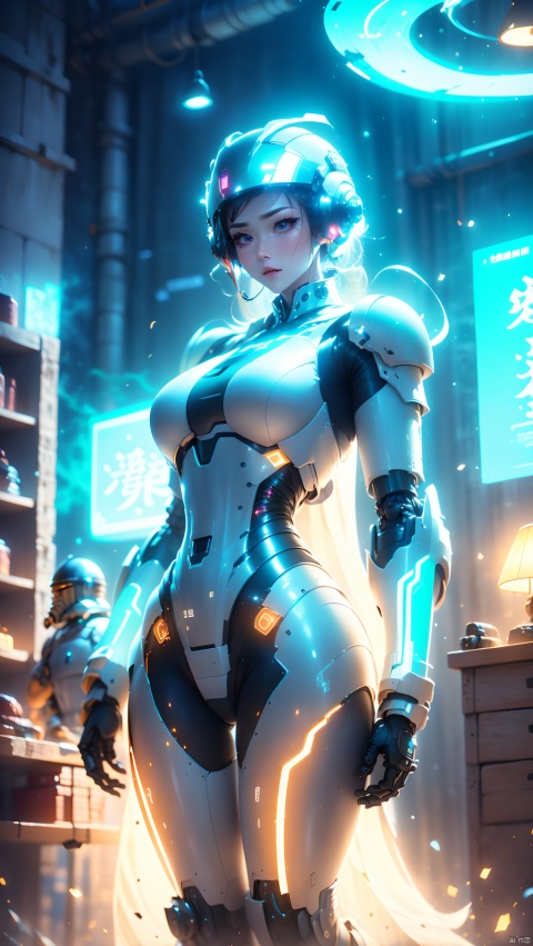  1girl,Dynamic pose,mechs,Mecha girl,White mech,Solo,Mechanical limb,droid,the detail,super detailing,(Huge robotic arm),（Huge mechanical fuselage）,（Huge mechanical legs）,super mecha,Long legs,Earphone,(shelmet:1.5),Glowing,inside in room,Masterpiece, Best quality,Joel Brier, Cinematic lighting, Professional lighting, solofocus,Sharp focus, cinematic shadow, robot, glow, Wen Dao Sheng Zun,Multi energy text,Energy pairing,Glowing Text,Transparent text,The Energy Behind Chinese Characters ,glow,Hazy light,Floodlight,Light effects,Optical particle,Luminous,High brightness contrast,1boy