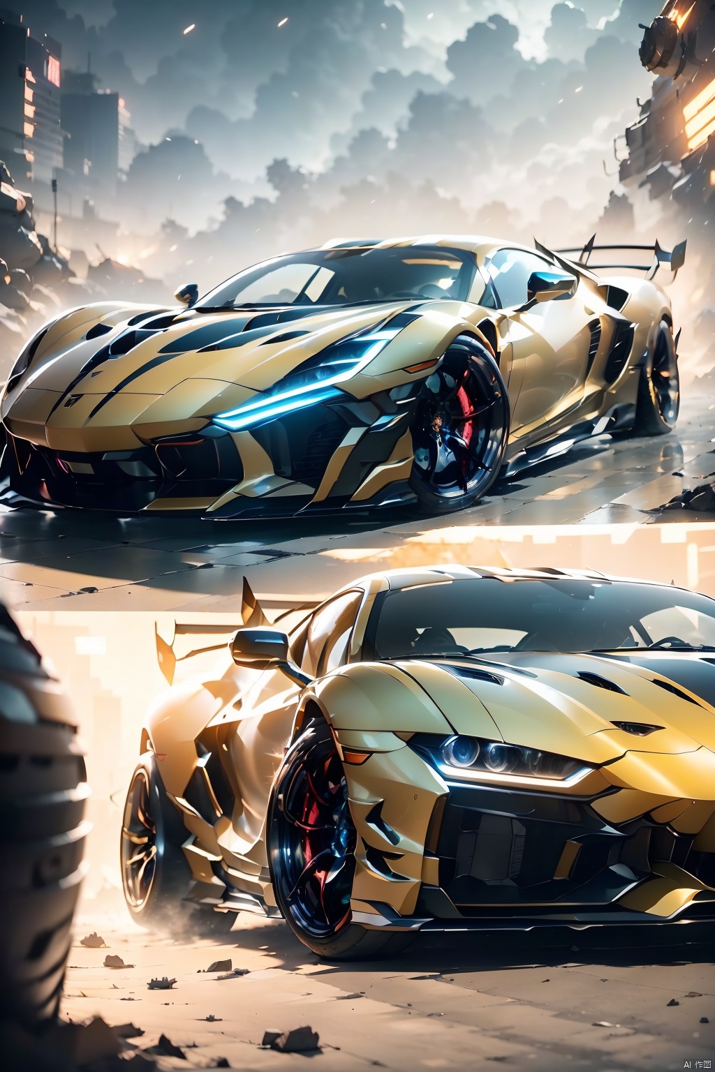 A super sports car, the front of which is facing the camera, has luminous headlights, multi-light sports car, luminous sports car, behind which there is a huge mecha, robot, multi-light mecha, luminous mecha, best quality, masterpiece, 8k, unreal 5 engine rendering.