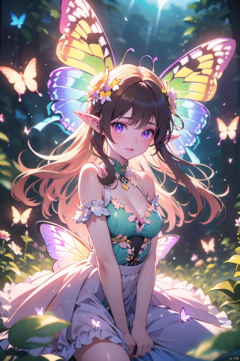  1girl,Butterflies on the Head, antennae, blue butterfly, blue wings, blurry, blurry background, brown hair, butterfly, butterfly hair ornament, butterfly on hand, butterfly wings, cleavage, fairy, fairy wings, flower, flying, glowing butterfly, glowing wings, green wings, hair ornament, ice wings, insect wings, lips, long hair, medium breasts, motion blur, multicolored wings, nature, pink wings, pointy ears, purple wings, solo, transparent wings, white butterfly, white wings, wings, yellow butterfly, yellow wings,Dawn Elf,dawn,glow,Glowing wings,Dress,Multiple butterflies,Glowing Butterfly,Super large wings