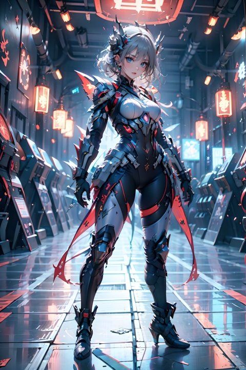  Zerg Mech (Queen),Armor,full body,Mechanical arthropods,Sharp armor,glove,Red and black armor,Sharp horns on the head,Sharp limb structures throughout the body,indoor,The metal barb structure on the shoulder armor,Micro lateral body,Complex armor,Calf mecha,Thigh mechanical,Mechanical boots,standing,ground,Gray hair, 1girl,Future Combat Suit