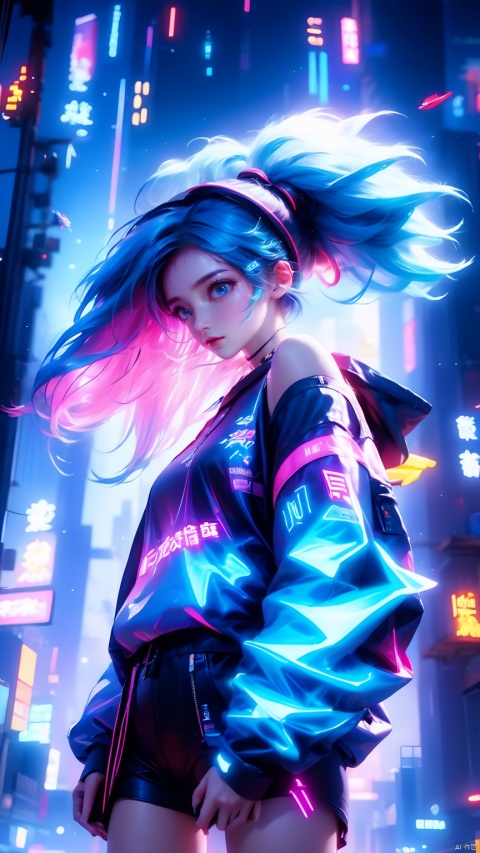(masterpiece), best quality, ultra high res,, cyberpunk 1girl flying above stunning cityscape ,hoodie,blue hair, neon color shooting stars, very long hair, off shoulder, feather hair ornament, neon colors, flashes, stunning night sky, cinematic lighting, photorealistic, realistic skin, HDR,fisheye, 1 girl