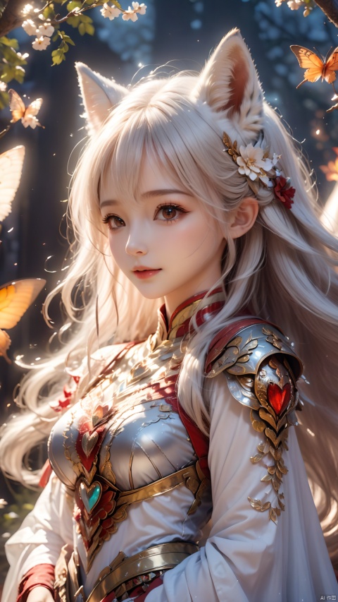1girl, fox_tail, tail, animal_ears, fox_ears, fox_girl,long white hair, red eyes, furry ears,happy smile,(silver white knight armor:1.2),little breasts ,cute,young child,toddler,Sending Love with Eyes,Full body diagram,intricate details, extremely detailed, incredible details, full colored, complex details, insanely detailed and intricate, extremely detailed with rich colors. masterpiece, best quality, aerial view, HDR, UHD, unreal engine, Representative, fair skin, beautiful face, Rich in details High quality, gorgeous, glamorous, 8k, super detail, detailed decoration, detailed lines,lying on the table and looking up at the viewer