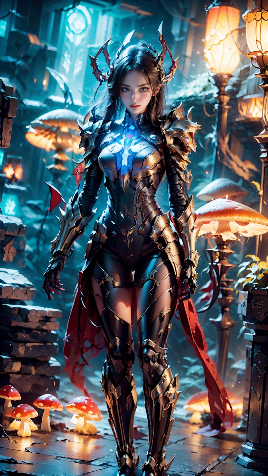 Zerg mecha (Queen), Mushroom Forest, mecha, armor, full body, mechanical arthropods, sharp armor, mushroom forest background, glowing mushrooms, shining mushrooms, multi mushrooms, gloves, complex armor, mecha, mechanical boots, standing, black long hair, sharp fingers, terrifying hand weapons, abnormal hands, mechanical spider legs behind, single ponytail, semi exposed thighs, ground, outdoor, blurry background, The purple glowing spot at the knee, 1girl, glow, cyberhanfu, mech,Steampunk mecha
