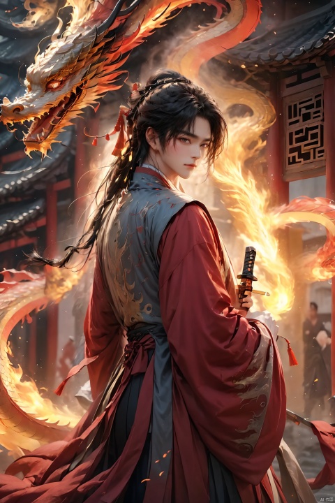  (masterpiece, best quality:1.5), smoke dragon,1boy, black hair, Breathing fire, combustion, ember, whole body, Keep, Keep sword, Keep arms,dark magic,Ancient Chinese Hanfu, long hair, long sleeves, looking at the audience, male focus, Red theme, alone, Permanently installed, sword, very long hair, arms, 1BOY, glow