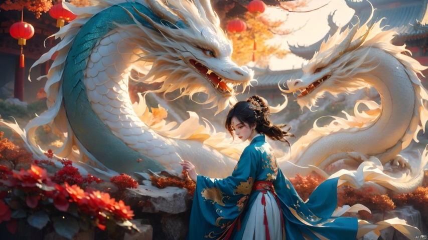 The girl and the Chinese dragon,Chinese dragon,1girl,autumn leaves,cloud,Chinese Hanfu,squama ,The hair on the faucet,Ultimate details,Dragon horn,The graceful and winding dragon body,dragon,dress,falling leaves,flower,jewelry,Lateral body,The girl leaned against the dragon's body,Blue Dragon,Looking at the camera,Open the dragon's mouth,koi,lily pad,long hair,outdoors,petals,petals on liquid,rose petals,scales,sky,standing,sun,wading,water,wind, Chinese dragon, glow