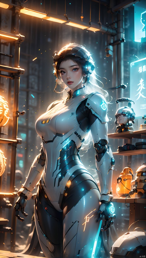  1girl,Dynamic pose,mechs,Mecha girl,White mech,Solo,Mechanical limb,droid,the detail,super detailing,(Huge robotic arm),（Huge mechanical fuselage）,（Huge mechanical legs）,super mecha,Long legs,Earphone,(shelmet:1.5),Glowing,inside in room,Masterpiece, Best quality,Joel Brier, Cinematic lighting, Professional lighting, solofocus,Sharp focus, cinematic shadow, robot, glow, Wen Dao Sheng Zun,Multi energy text,Energy pairing,Glowing Text,Transparent text,The Energy Behind Chinese Characters ,glow,Hazy light,Floodlight,Light effects,Optical particle,Luminous,High brightness contrast,1boy