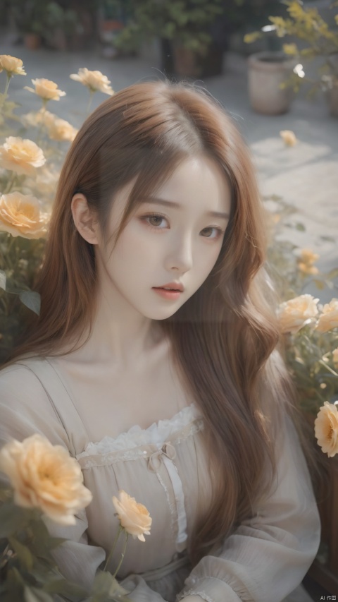 1girl,long_amber_hair,amber_eyes, light gray and light beige, detailed, gentle and focused romanticism, overhead shot, dim flowers in the foreground, depth of field, Canon R6, bright soft ambient outdoor light, liuyifei,depressed