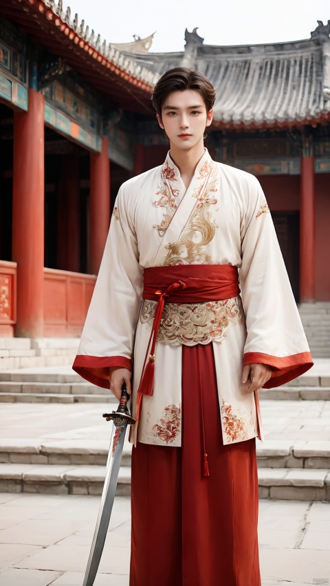  1boy, A handsome man was standing in front of an antique Han dynasty palace. He was dressed in an ornate red hanfu, with flowing sleeves and a long sword in his hand. He stood elegantly on the steps, with a confident and handsome Catalan Atlas between his eyebrows, his silhouette was very tall and straight,