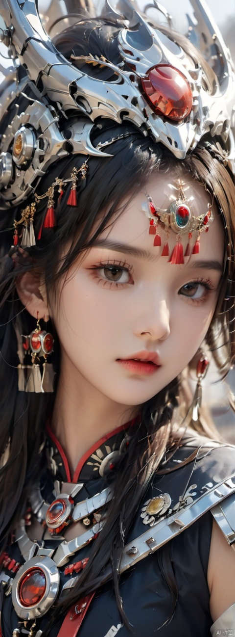 1girl,depth of field,earrings,Chinese Yi ethnic clothing,(mecha clothing:1.3),Silver headwear,Metal tassels,Yi ethnic metal jewelry,round silver necklace,complex jewelry,super complex headpiece,crescent shaped headpiece,mecha,(mechanical limb:1.3),Complex helmet,luster audience looking,the silver metal surface,Miao Silver Phoenix Crown