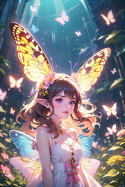  1girl,Butterflies on the Head, antennae, blue butterfly, blue wings, blurry, blurry background, brown hair, butterfly, butterfly hair ornament, butterfly on hand, butterfly wings, cleavage, fairy, fairy wings, flower, flying, glowing butterfly, glowing wings, green wings, hair ornament, ice wings, insect wings, lips, long hair, medium breasts, motion blur, multicolored wings, nature, pink wings, pointy ears, purple wings, solo, transparent wings, white butterfly, white wings, wings, yellow butterfly, yellow wings,Dawn Elf,dawn,glow,Glowing wings,Dress,Multiple butterflies,Glowing Butterfly,Super large wings, pink fantasy