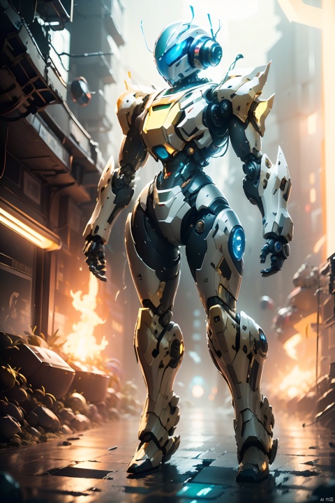  robot,blurry,Mecha,Full mecha,full body, blurry background, cable, depth of field,Streamlined mecha, glowing,Luminous mecha,Complex mechanical structures,Non humanoid head features,One eyed like a camera lens,Glowing Cyclops,White and black mecha,Multi light source mecha, glowing eyes, lights, machinery, mecha, power armor, robot, robot joints, science fiction, solo, Robot, Mech Combat Vehicle, glow