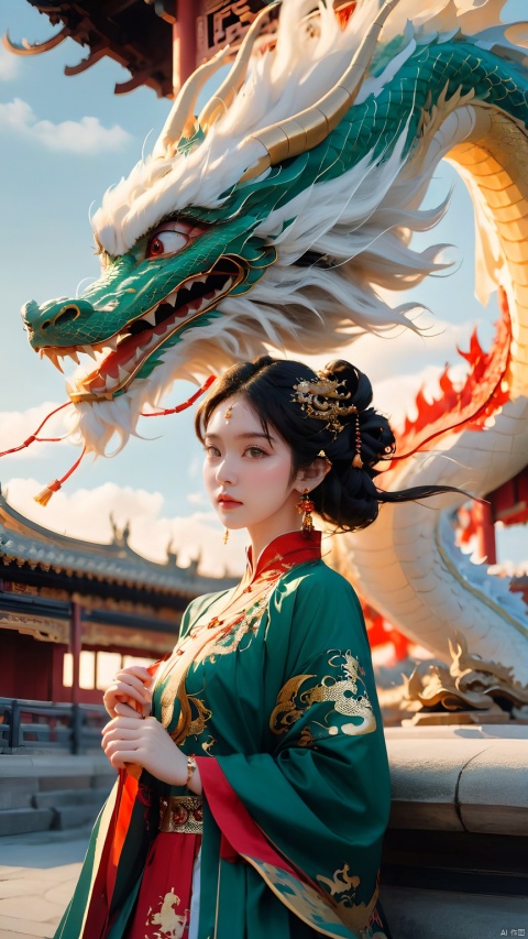 The girl and the Chinese dragon,Chinese dragon,1girl,architecture,black hair,Chinese Hanfu,squama ,The hair on the faucet,Ultimate details,Dragon horn,bracelet,bridge,building,city,cloud,ancient Chinese architecture,Close range,The girl stood in front, turned her back to the camera, looked back at the camera, upper body,Gold Bell Earrings,The dragon head is close to the girl's head,Wearing a Hanfu adorned with red gold patterns,close-up,automobile,Green Dragon,Open the dragon's mouth,dragon,The camera looks up from below,dragon horns,dress,earrings,east asian architecture,eastern dragon,jewelry,looking at viewer,mountain,outdoors,pagoda,scales,sky,solo, Chinese dragon