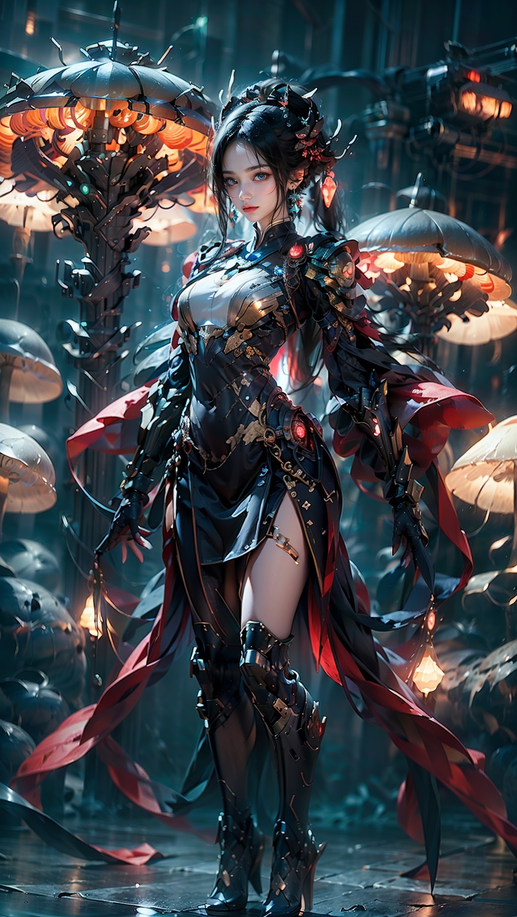 Zerg mecha (Queen), Mushroom Forest, mecha, armor, full body, mechanical arthropods, sharp armor, mushroom forest background, glowing mushrooms, shining mushrooms, multi mushrooms, gloves, complex armor, mecha, mechanical boots, standing, black long hair, sharp fingers, terrifying hand weapons, abnormal hands, mechanical spider legs behind, single ponytail, semi exposed thighs, ground, outdoor, blurry background, The purple glowing spot at the knee, 1girl, glow, cyberhanfu