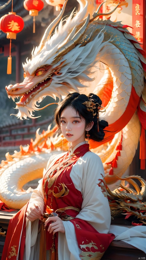 The girl and the Chinese dragon,Chinese dragon,1girl,black hair,Chinese Hanfu,dragon,squama ,The hair on the faucet,Ultimate details,Dragon horn,close-up,Wearing a red gold border Hanfu,Red Dragon Face,The dragon head is suspended on the girl's head,Silver Dragon,The girl leaned against the gilded stone table, sideways,Close range,Open the dragon's mouth,eastern dragon,jewelry,long hair,long sleeves,open mouth,orange eyes,scales,solo,standing,teeth, Chinese dragon