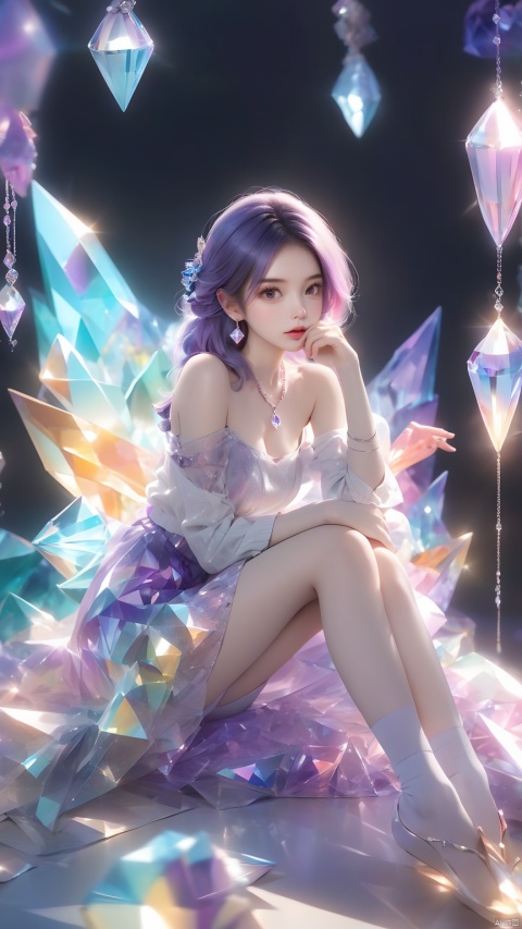 (masterpiece, best quali),1girl,bare shoulders,earrings,feet,finger to mouth,kneehighs,lips,sweater,Pressing one leg onto the other leg,White Stockings,Girl's posture,long hair,looking at viewer,no shoes,off shoulder,pillow,sitting,socks,solo,sofa,full body,Crystal Girl, Colorful crystal decoration,Crystal necklace,Crystal on the body,Floating Colorful Crystal,Purple gradient hair,1girl, hand