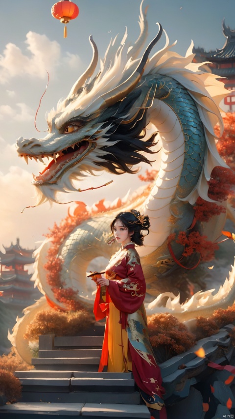 The girl and the Chinese dragon,Chinese dragon,1girl,autumn leaves,black hair,squama ,The hair on the faucet,Ultimate details,Dragon horn,cloud,Black Silver Dragon,Brown Dragon Face,The dragon head is suspended above the girl,Mid to Long Range,The girl stood on the steps, leaning sideways, holding a bamboo book in her hand, appearing small and full body,Open the dragon's mouth,cloudy sky,dragon,eastern dragon,horns,long hair,open mouth,outdoors,sky,solo,standing,sunset,twilight, Chinese dragon