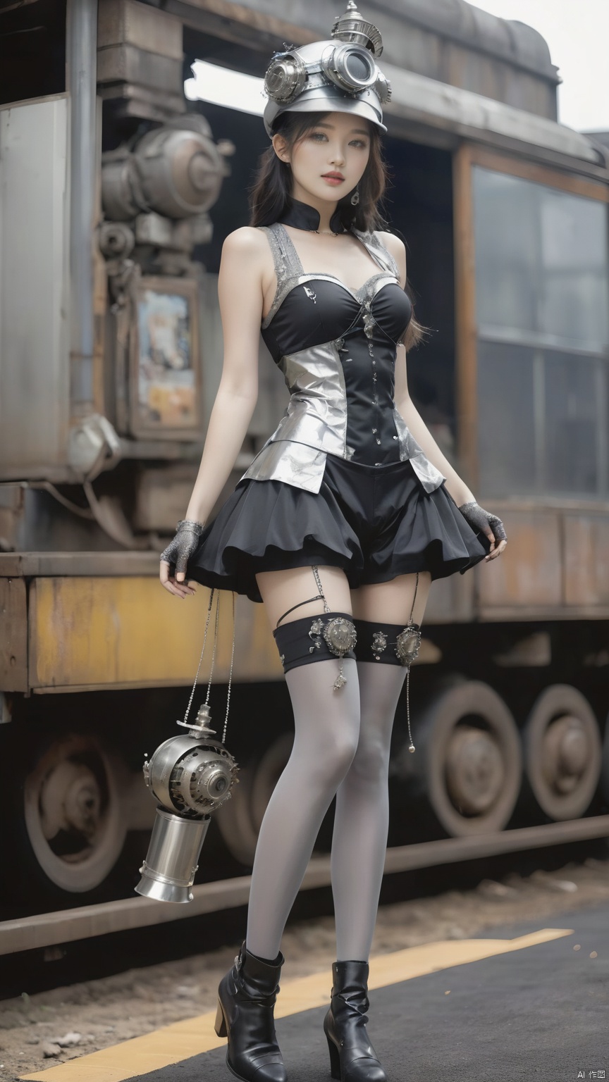 Chinese girl's fashion mechanical clothing, black fabric dotted with silver mechanical decoration, with a pair of gray stockings, showing innovation and craftsmanship. He wears a silver hat with several metal ornaments hanging from the brim, and his eyes show a passion and desire for technology. Holding a handful of mechanical art works transformed from waste soil, he is a mechanical artist in waste soil, expressing his yearning and exploration for the future with his creativity and art