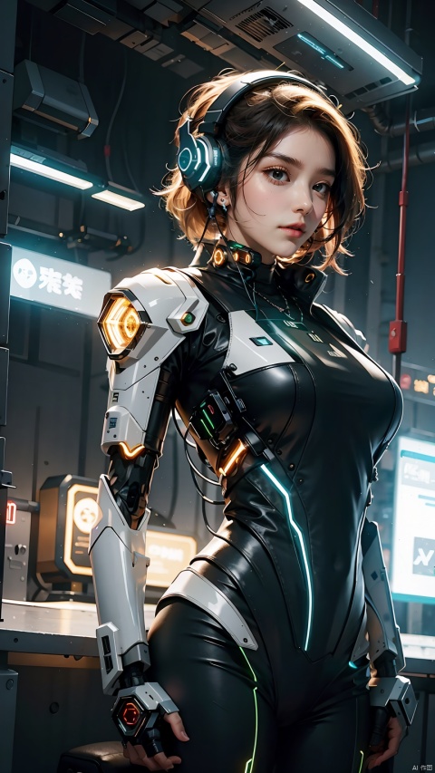 1girl,blonde hair,cyberpunk,glowing,headphones,headset,medium breasts,neon lights,indoor,Luminous robotic arm,Oblique lateral body,Place one hand in front of your eyes,Leather collar,Upper body,Luminous camera structure on the side of the buttocks,Full body black mecha,science fiction,short hair,solo,Mecha,Streamlined mecha,Luminous earphones,Glowing mecha,Multi light source mecha,night, 1girl