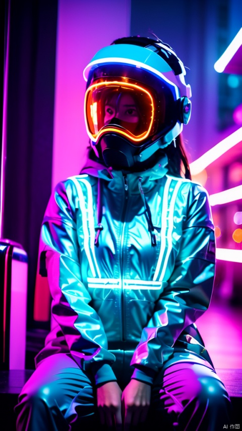  1girl,glowing,Cyberpunk protective clothing,Cyberpunk gas mask,Cyberpunk protective helmet,A glowing helmet,helmet,Neon lights,Silver gray helmet,Mask screen similar to VR glasses,Complex structure helmet,(night:1.2),Oblique lateral body,A glowing mask screen,Neon color,full body,girl pose,sitting,Cyberpunk,pilot suit,realistic,science fiction,solo,best quality,masterpiece,16k, glow,moyou