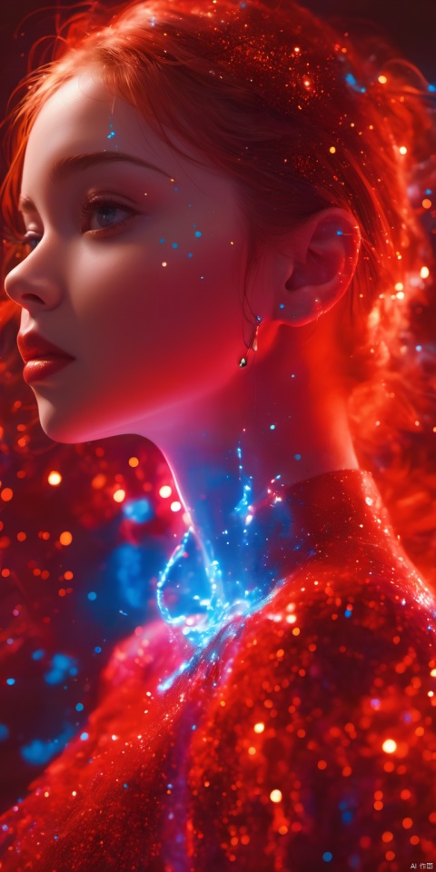 (red light particles:1.5),Light particle skin,Light particle energy fluid,(Light particles covering the body:1.5),Light Particle Art,Light particle effects,1girl,red skin,blue eyes,earrings,jewelry,light particles,parted lips,red hair,solo,Light particles covering the body, glow