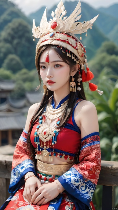 1girl, Slanting, upper body, above thigh, sitting position, bank, hands on thigh, blurred background, earrings, jewelry, lips, cloth headdress, complex jewelry, simple headdress, Hmong clothing, red printed Miao clothing, Miao Cloth Phoenix Crown, look at the audience, outdoors, their hands together, red lips, solo, hand