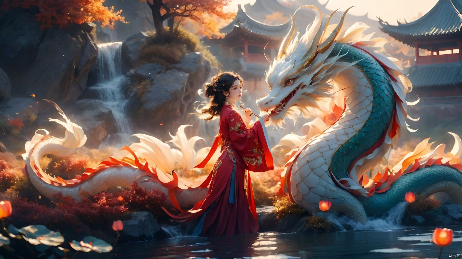The girl and the Chinese dragon,Chinese dragon,1girl,autumn leaves,cloud,Chinese Hanfu,squama ,The hair on the faucet,Ultimate details,Dragon horn,The graceful and winding dragon body,dragon,dress,falling leaves,flower,jewelry,Lateral body,The girl leaned against the dragon's body,Blue Dragon,Looking at the camera,Open the dragon's mouth,koi,lily pad,long hair,outdoors,petals,petals on liquid,rose petals,scales,sky,standing,sun,wading,water,wind, Chinese dragon, glow