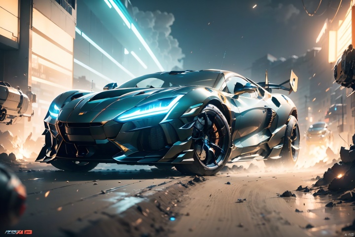 A super sports car with its front facing the camera, luminous headlights, multi-light body, luminous body, and this huge mecha, robot, multi-light body mecha, luminous mecha, best quality, masterpiece, 8k, unreal 5 engine rendering.