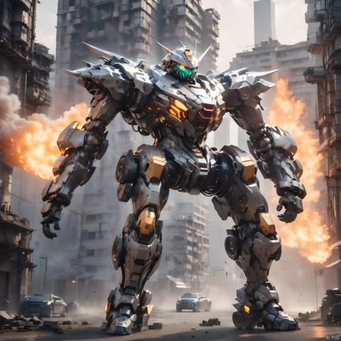 A humanoid mecha, huge mecha, super complex mecha, armed with huge energy weapons, reaction furnace, energy cannon on the shoulder, automobile wheel on the foot, foot composed of sports car, energy muzzle of hand, building, city, ruins, smoke, depth of field, best quality, masterpiece, 8k.