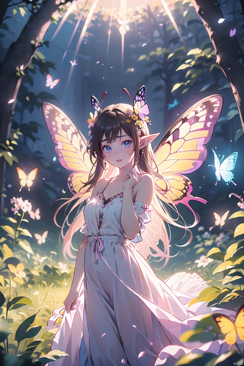  1girl,Butterflies on the Head, antennae, blue butterfly, blue wings, blurry, blurry background, brown hair, butterfly, butterfly hair ornament, butterfly on hand, butterfly wings, cleavage, fairy, fairy wings, flower, flying, glowing butterfly, glowing wings, green wings, hair ornament, ice wings, insect wings, lips, long hair, medium breasts, motion blur, multicolored wings, nature, pink wings, pointy ears, purple wings, solo, transparent wings, white butterfly, white wings, wings, yellow butterfly, yellow wings,Dawn Elf,dawn,glow,Glowing wings,Dress,Multiple butterflies,Glowing Butterfly,Super large wings
