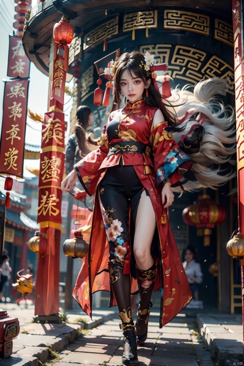 1girl,Chinese New Year,Welcoming Spring Girl,Spring welcome clothing,Hanfu,Chinese knot,Red Theme,Water tank,The huge circular mecha behind it,Looking up,Printed black silk,Headwear,Yellow goldfish,full body,ancient Chinese architecture,Red Lantern,Zhang Deng Jie Cai,Full of joy and joy,Spring Festival couplets,Ancient Chinese script,Brown eyes,Clothing printing, Wen Dao Sheng Zun, 1girl