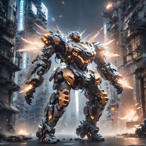 A humanoid mecha, huge mecha, super complex mecha, armed with huge energy weapons, reaction furnace, energy cannon on the shoulder, automobile wheel on the foot, foot composed of sports car, energy muzzle of hand, building, city, ruins, smoke, depth of field, best quality, masterpiece, 8k.