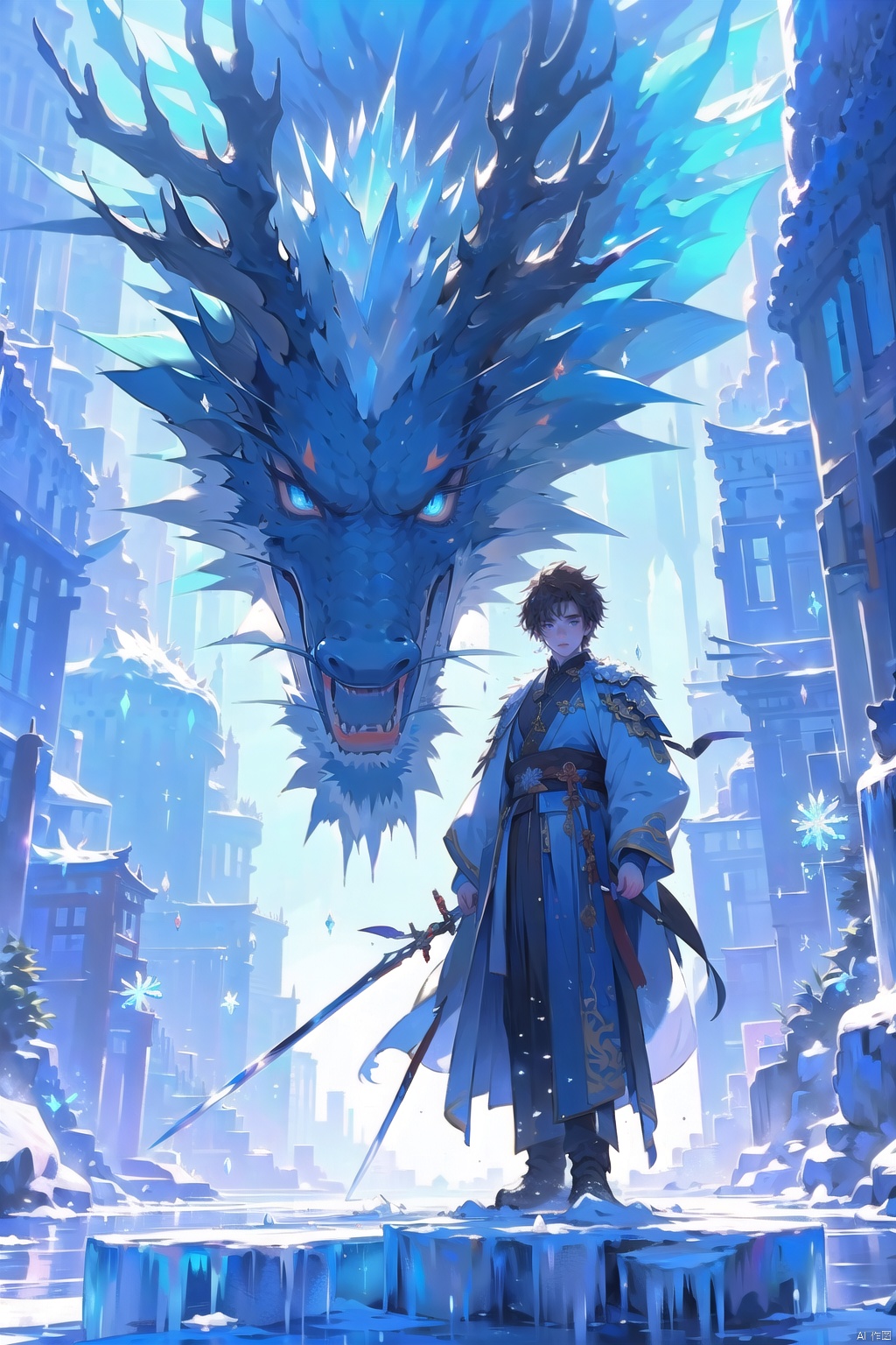  ice magic,(1boy:1.5),1boy, solo,full body,front
,brown hair,handsome, white skin,holding sword,sword,blue theme, holding, holding sword, holding weapon, ice,Ice Magic,Ice crystal,Icicles,ice,Chinese Ice Dragon,short hair,whole body,solo, standing, sword, weaponFacial detail portrayal,Perfect facial features,standing,watch audience,