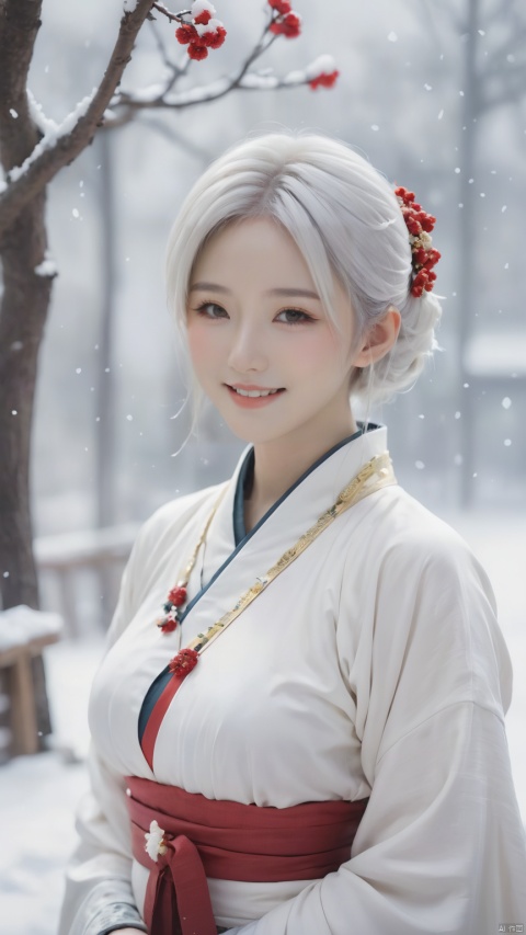 masterpiece,best quality,high quality,(colorful),[Artist miwano rag],[Artist toosaka asagi],[[[Artist wlop]]],[Artist chen bin],Artist Miv4t,in the snow, 1girl, solo, smile, short hair, white hair, brown eyes, jewelry, emotionless,hanfu,chinese_clothes,necklace, web address, snow, snowing, oil-paper,(white theme),(black theme),ink,tree,(red flowers), onnk