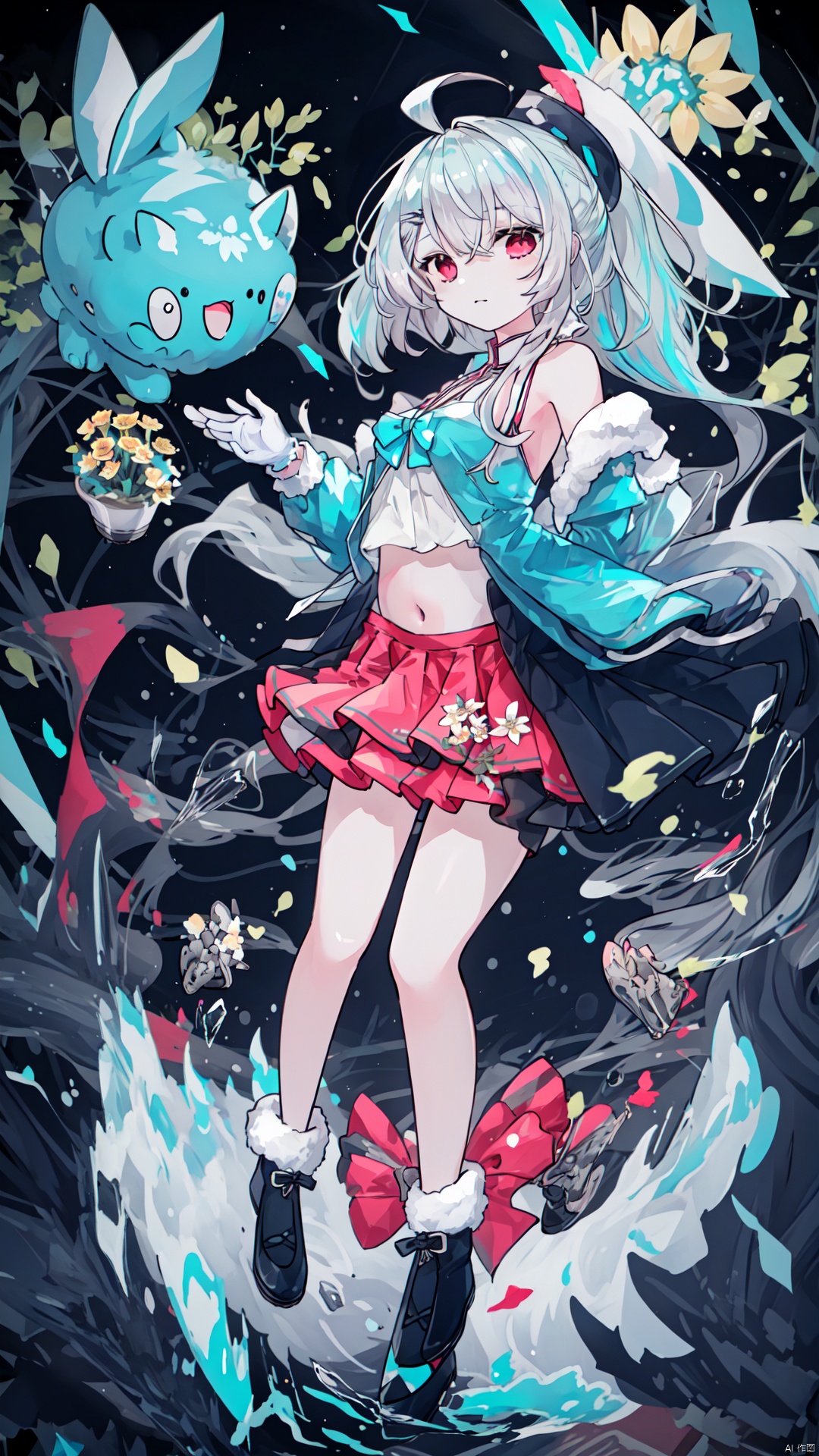  1girl, official, head, red eyes,animal ears, ahoge, long straight hair, ponytail, hair ornament,bare shoulders,medium breasts, navel, detached sleeves, elbow gloves, fingerless gloves, two tails, branch, daisy, dandelion, floral_background, flower, flower_pot, green_flower, head_out_of_frame, holding, holding_bouquet, holding_flower, ivy, leaf, lily_\(flower\), lily_of_the_valley, lily_pad, long _hair, lotus, morning_glory, palm_leaf, palm_tree, petals, plant, potted_plant, puffy_sleeves, rose, solo, sunflower, tulip,(full_body:1.3), vase, vines, white_flower, white_rose, yellow_flower, masterpiece, best quality,beautiful detailed hair,beautiful detailed face,beautiful detailed jacket,beautiful detailed background,album cover,beautiful detailed splash, in city, cityscape,1girl,limited palette,pastel color, many line in hair, shiny skin,sunlight, 2020s,minute details, punk, out doors, looking at viewer, drawing,multicolored back graound, colorful, solo, jacket, long sleeves, long hair, floating hair, bangs, colored inner hair, aqua theme, official art,pink hair,little fat, legs,short skirt,white_sneakers,winter,feet,facing_viewer,legs_apart,camisole, sssr, feet,temple,custle