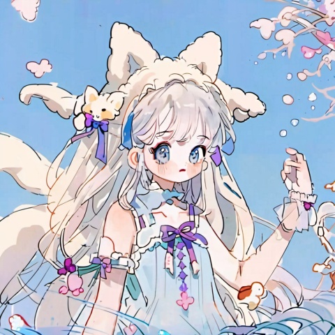  masterpiece, best quality,official art, extremelydetailed cg 8k wallpaper,(flying petals)(detailed ice) , crystalstexture skin, coldexpression, ((fox ears)),white hair, longhair, messy hair, blue eye,looking at viewer,extremely delicate andbeautiful, water, ((beautydetailed eye)), highlydetailed, cinematiclighting, ((beautiful face),fine water surface, (originalfigure painting), ultra-detailed, incrediblydetailed, (an extremelydelicate and beautiful),beautiful detailed eyes,(best quality), ,nahidadef,shuixia,anime style