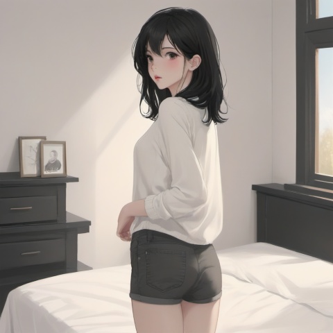  yor, 1girl, bedroom, black hair,standing,