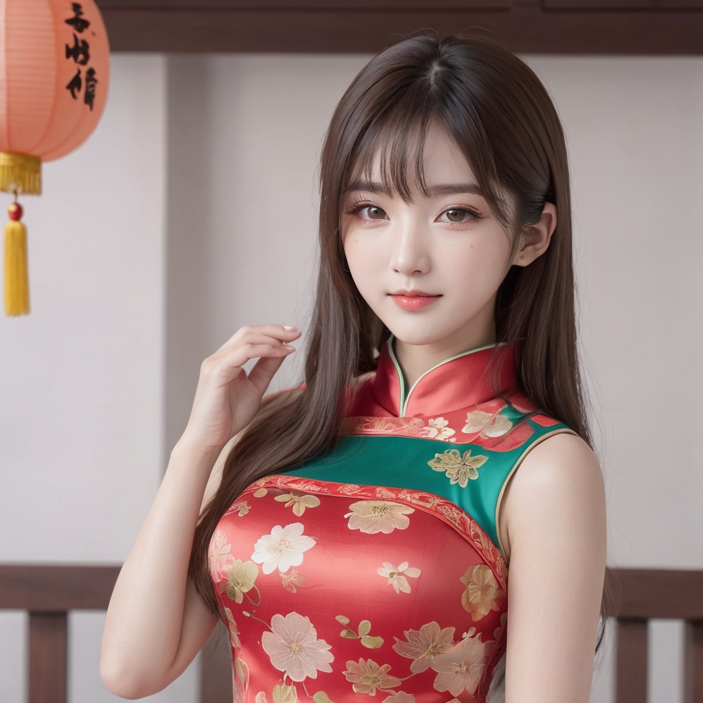  best quality,masterpiece,1 girl,whole body,solo,huge chest,chest focus,long hair,waist,delicate face,melon seed face,korean girls,smile,cheongsam,wenxin,blended_background