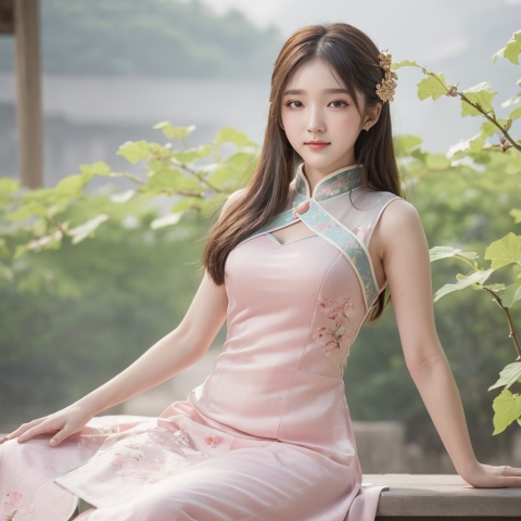  best quality,masterpiece,1 girl,whole body,solo,huge chest,chest focus,long hair,waist,delicate face,melon seed face,korean girls,smile,cheongsam,wenxin,blended_background